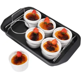 Creme Brulee Making Set - 6 Porcelain Ramekins 6 oz, 304 Stainless Steel Lifting Rack, 9" X 13" Bottom Pan