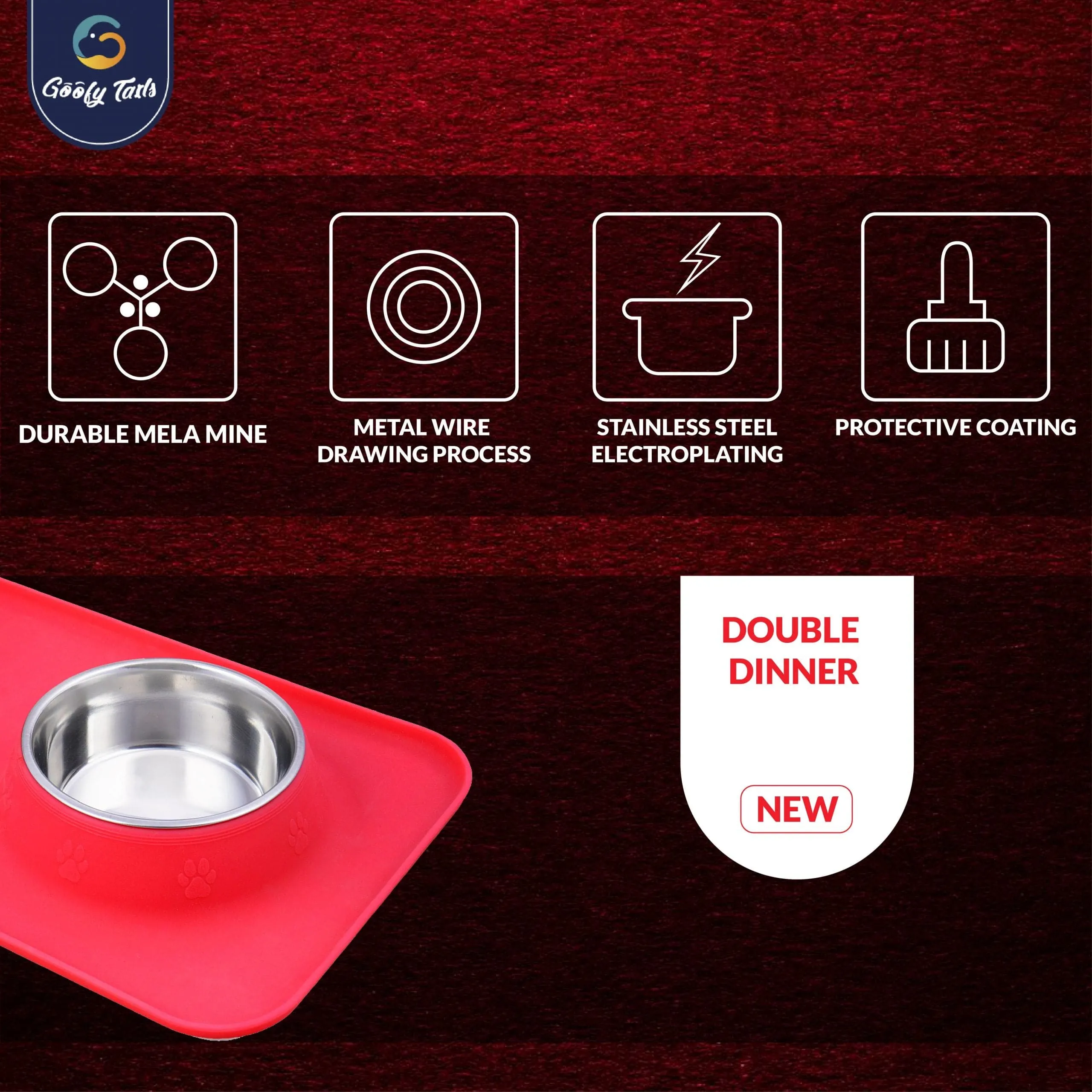 Goofy Tails Rectangle Silicone Double Dinner with Stainless Steel Food Bowl For Dogs (Red)