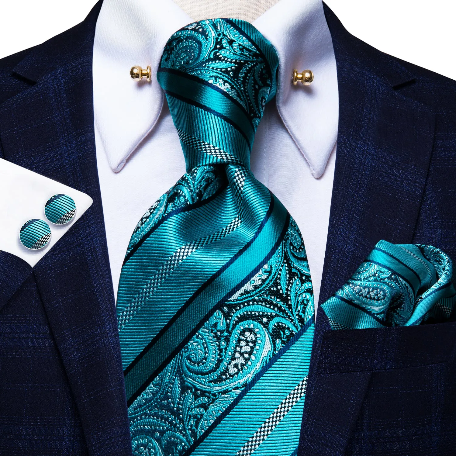 Hi-Tie Cyan Paisley Silk Men's Tie Hanky Cufflinks Set with Collar Pin