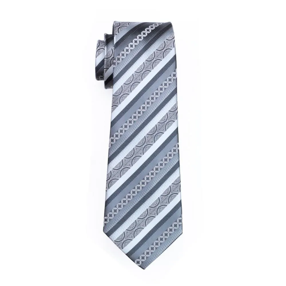 Hi-Tie Silver Grey Novelty Striped Tie Hanky Cufflinks Set Collar Pin