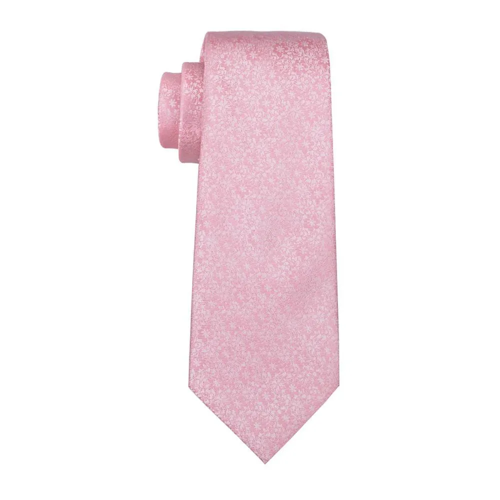 Hi-Tie Silver Pink Floral Men's Silk Necktie Set with Collar Pin