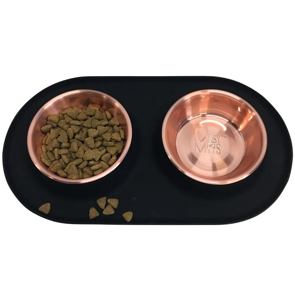 Messy Mutts Double Silicone Feeder With Copper Colored Stainless Steel Dog Bowls (Black)