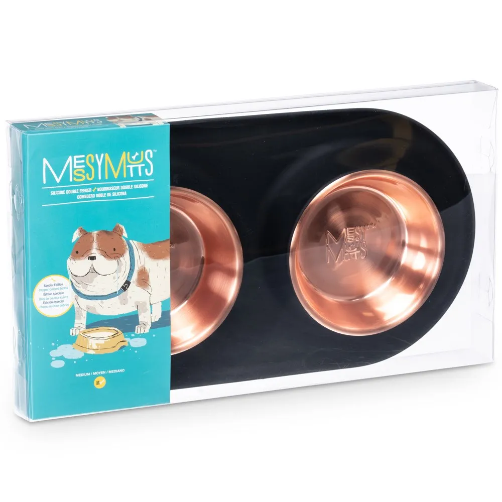 Messy Mutts Double Silicone Feeder With Copper Colored Stainless Steel Dog Bowls (Black)