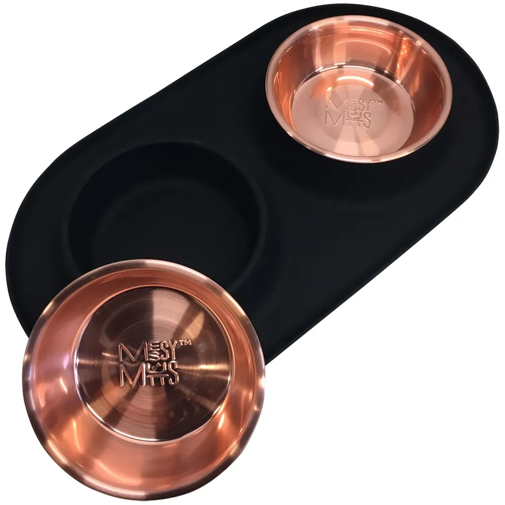 Messy Mutts Double Silicone Feeder With Copper Colored Stainless Steel Dog Bowls (Black)