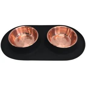 Messy Mutts Double Silicone Feeder With Copper Colored Stainless Steel Dog Bowls (Black)