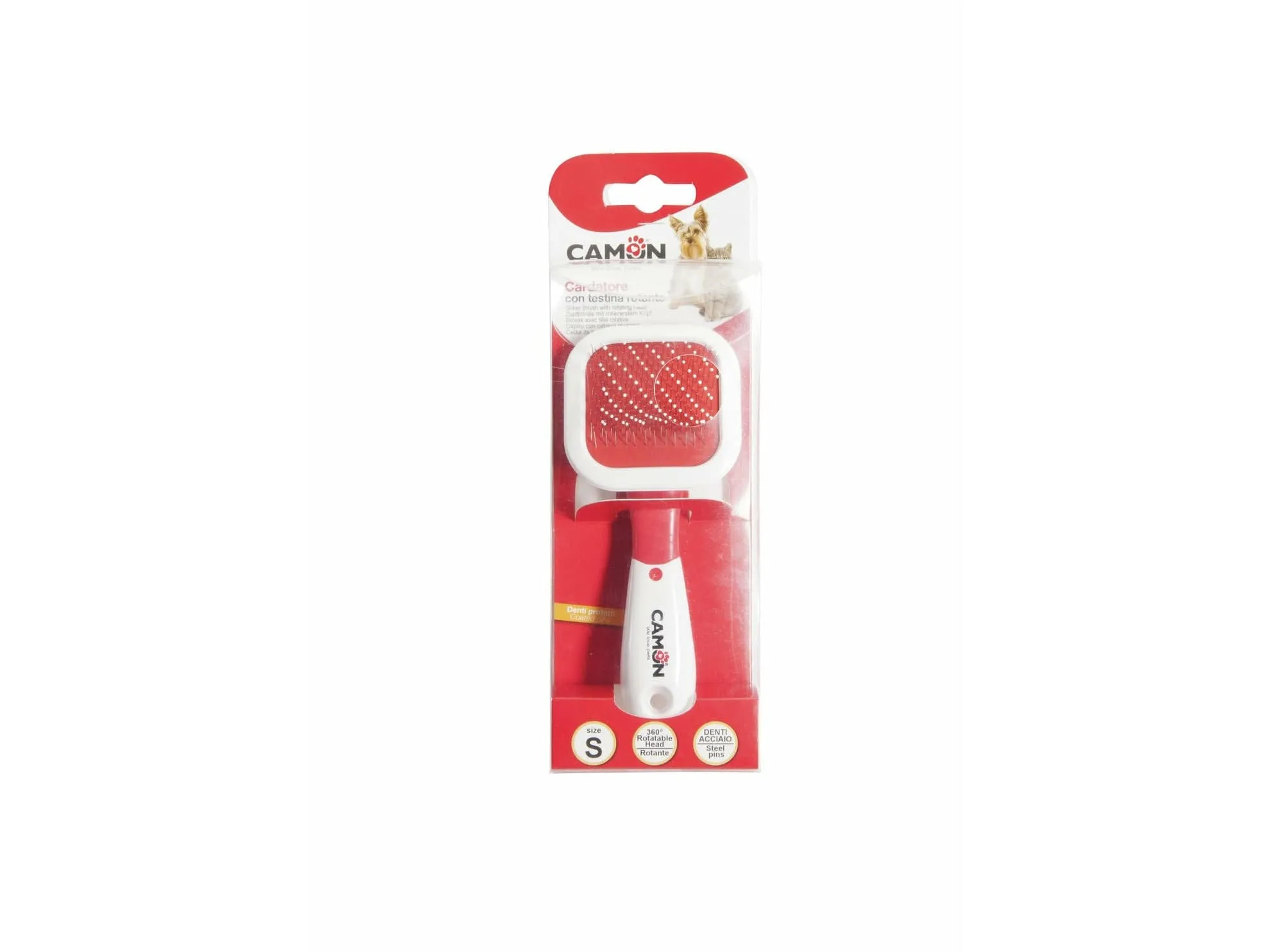 Slicker brush with stainless steel plastic coated  pins and rotating head.