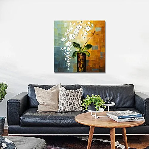 WIECO ART - BEAUTY OF LIFE 100% HAND-PAINTED MODERN CANVAS WALL ART FLORAL OIL PAINTINGS ON CANVAS 32 BY 32 INCH