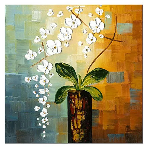 WIECO ART - BEAUTY OF LIFE 100% HAND-PAINTED MODERN CANVAS WALL ART FLORAL OIL PAINTINGS ON CANVAS 32 BY 32 INCH